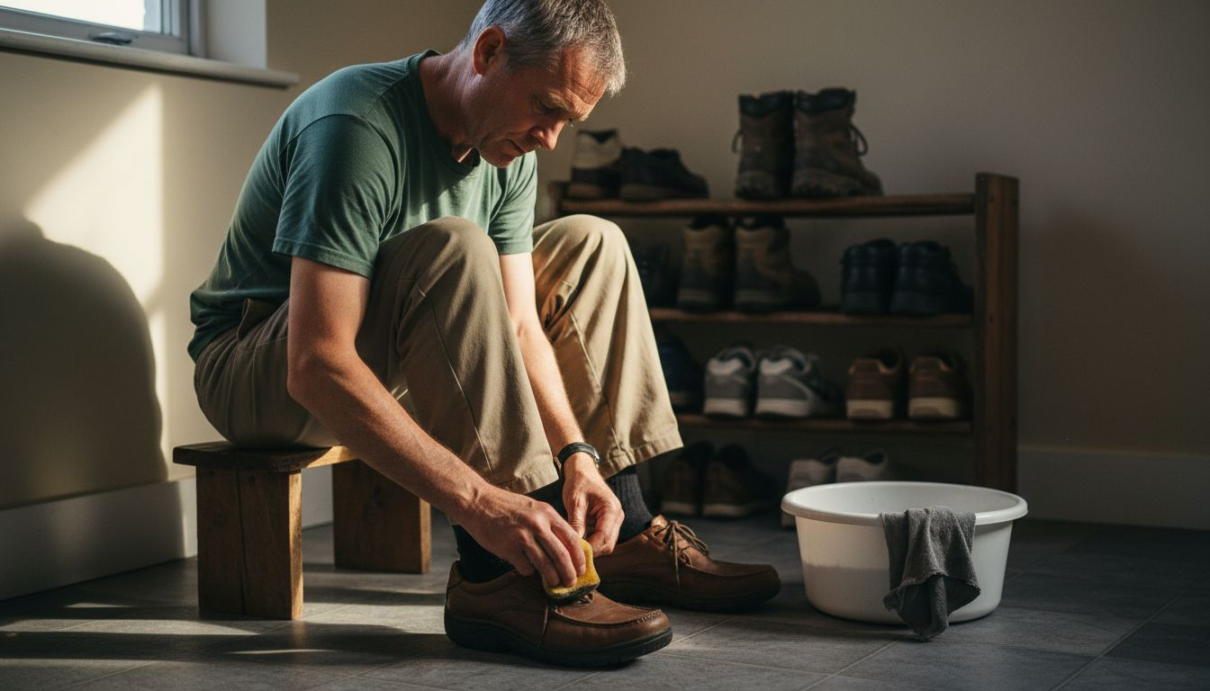 Man conditioning leather comfort shoes by window