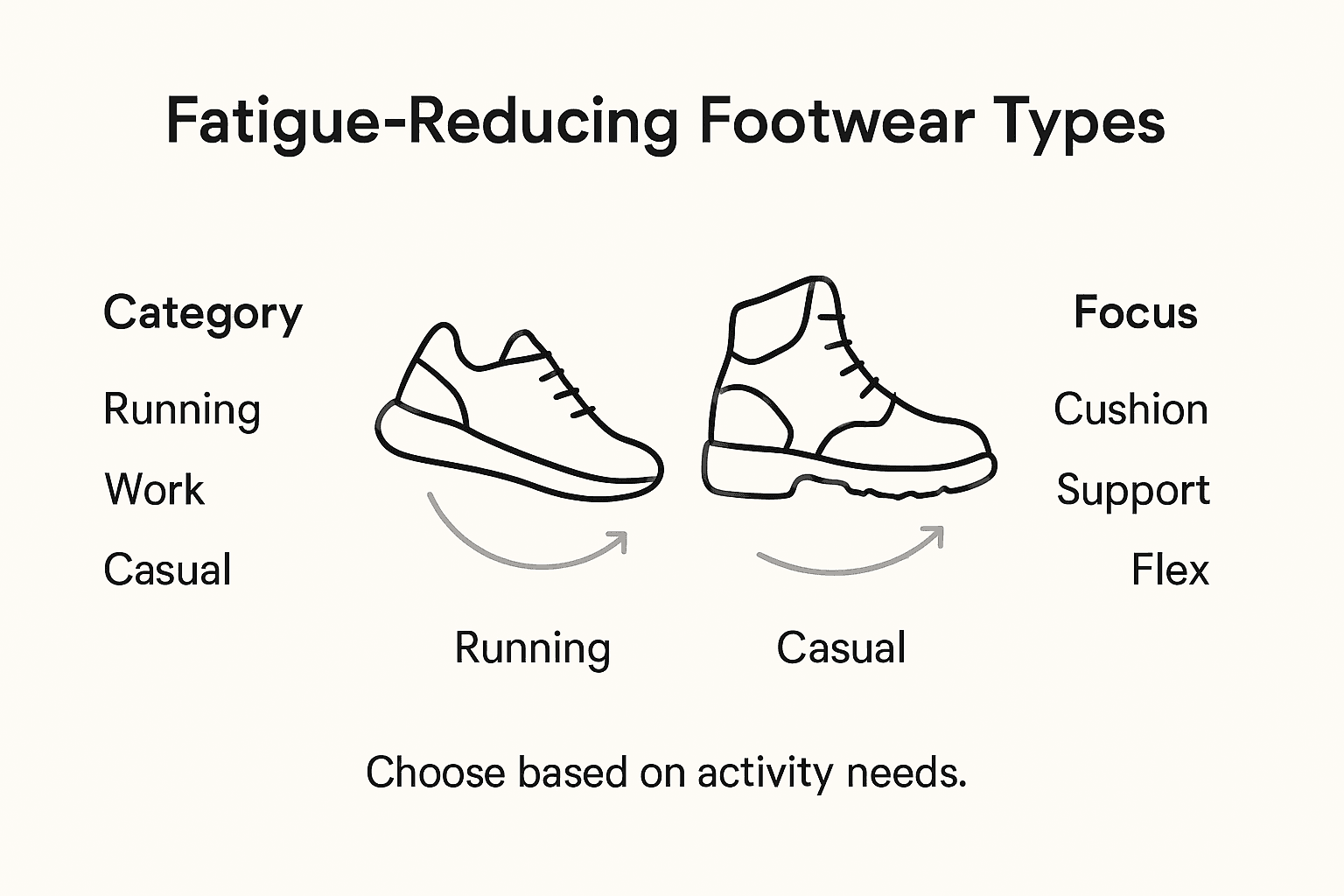 Infographic showing footwear types and fatigue reduction