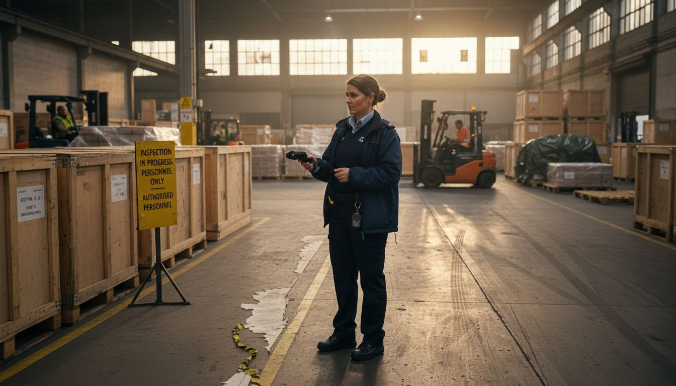 Customs officer inspecting UK export crates