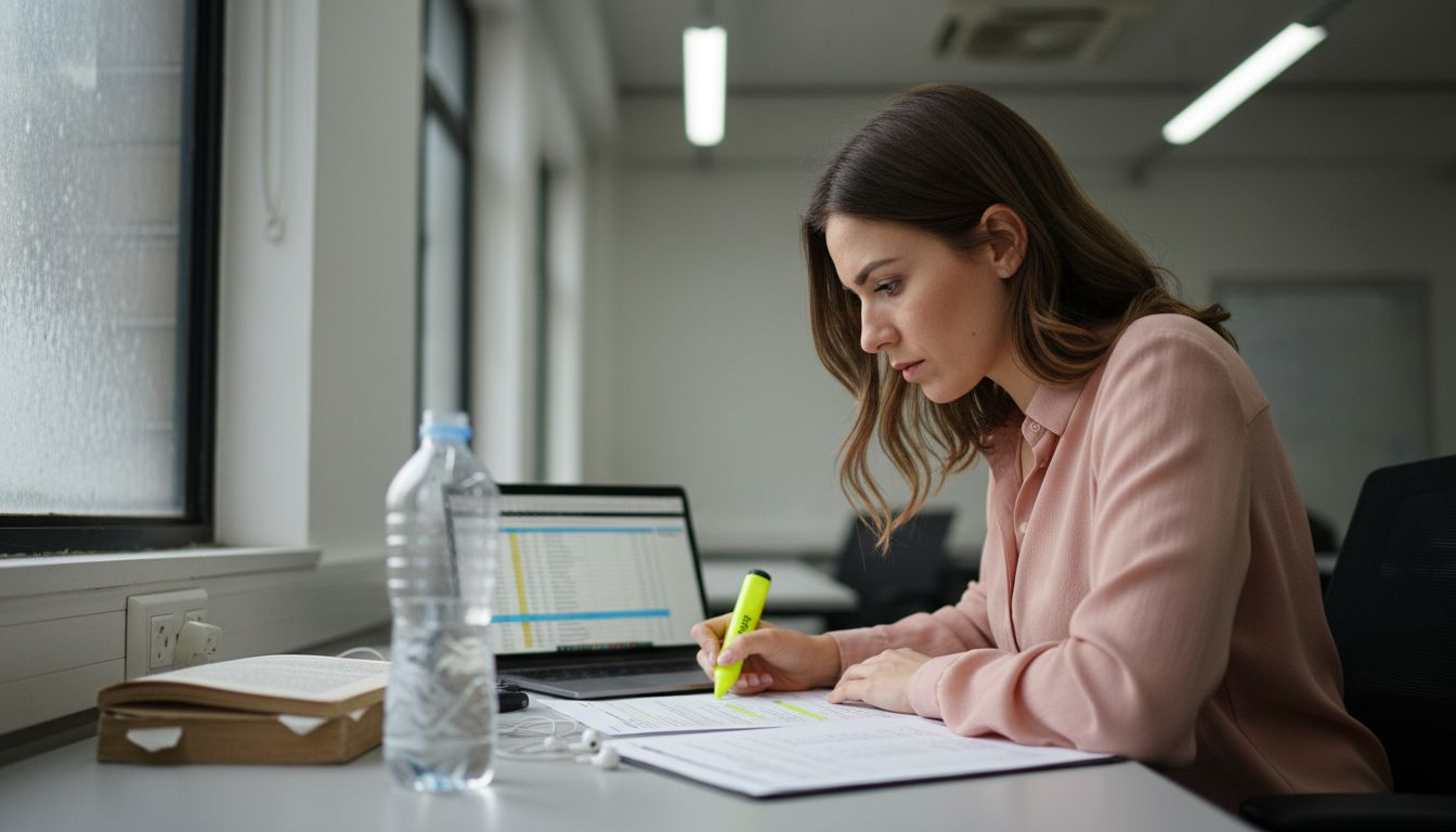 Woman analyzing keywords at cluttered desk