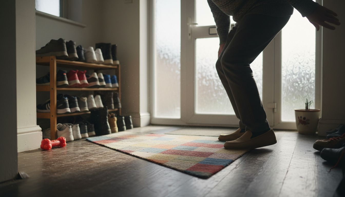 Man putting on vegan loafers at home