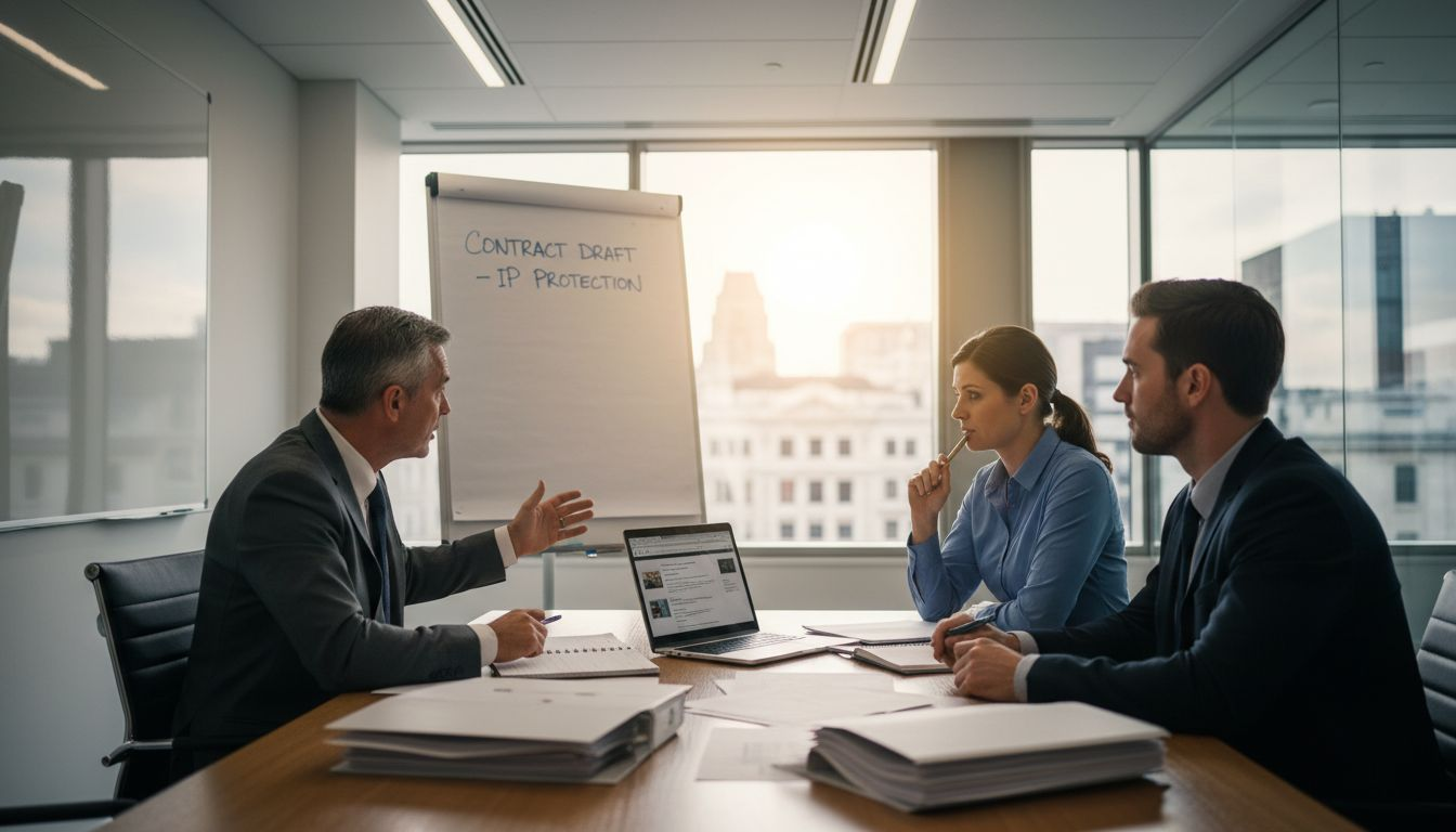 Legal team discussing IP and contracts