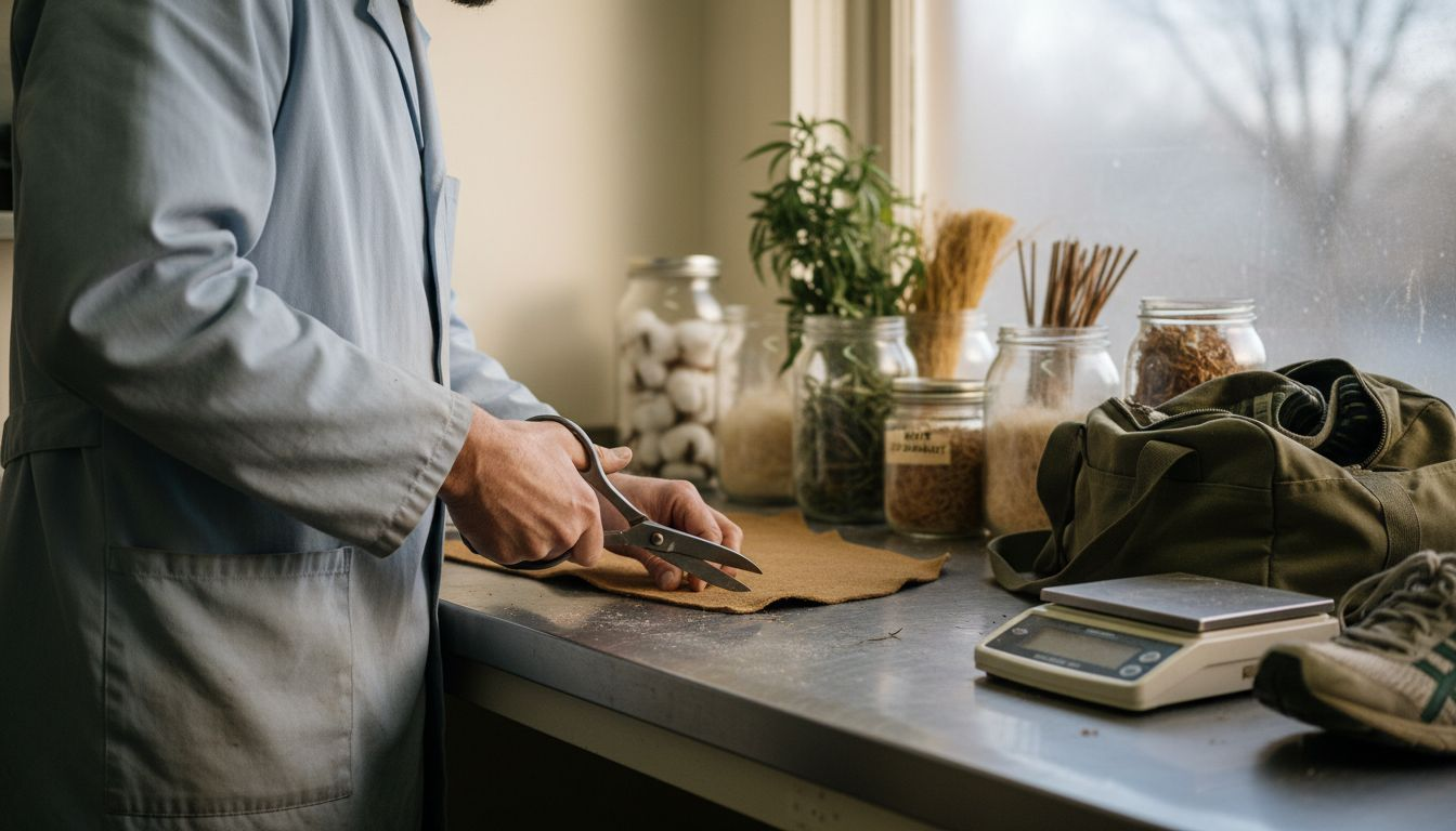 Technician cutting plant-based footwear material