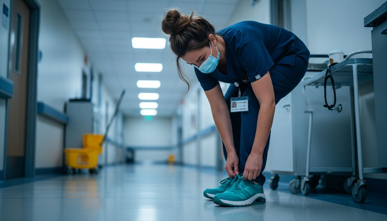 Healthcare worker adjusting supportive anti-fatigue shoes