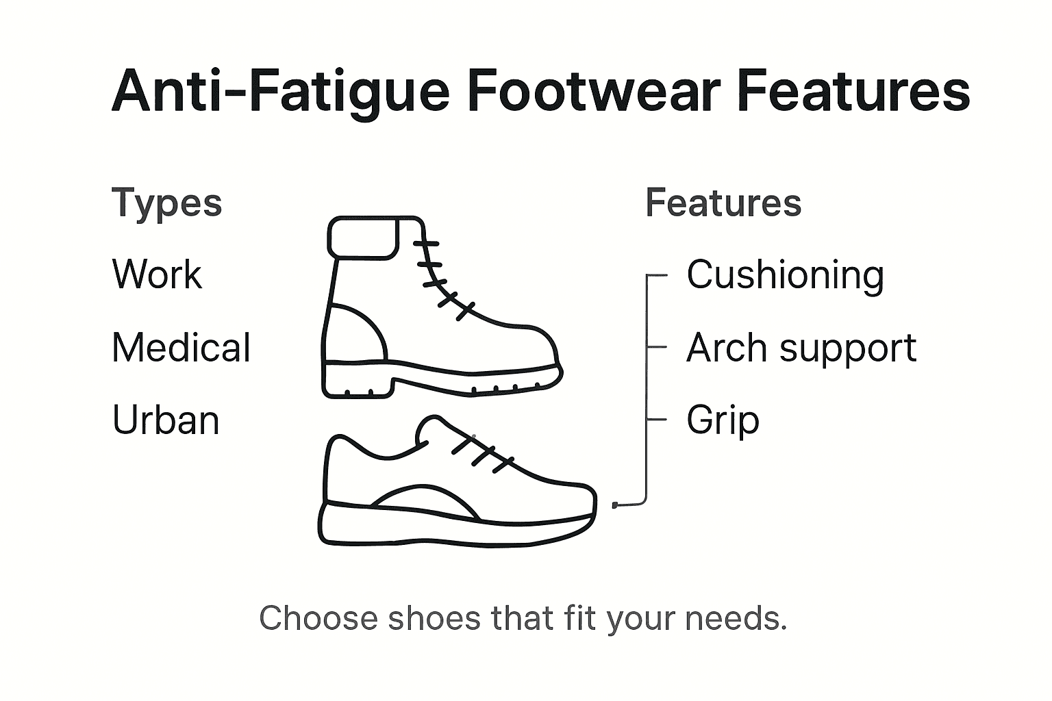 Infographic showing key anti-fatigue shoe features