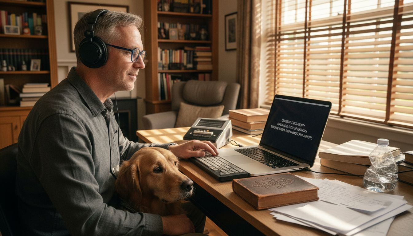 Visually impaired user uses screen reader at desk