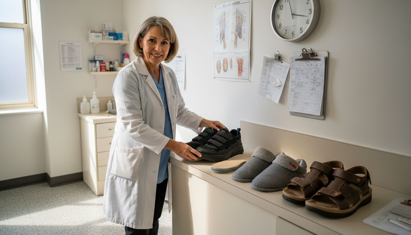 Podiatrist showing types of diabetic footwear