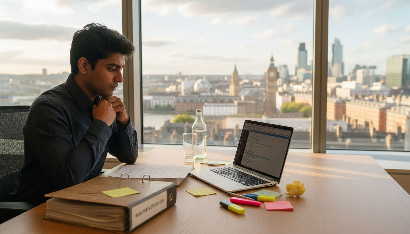 Legal associate checks compliance at busy desk