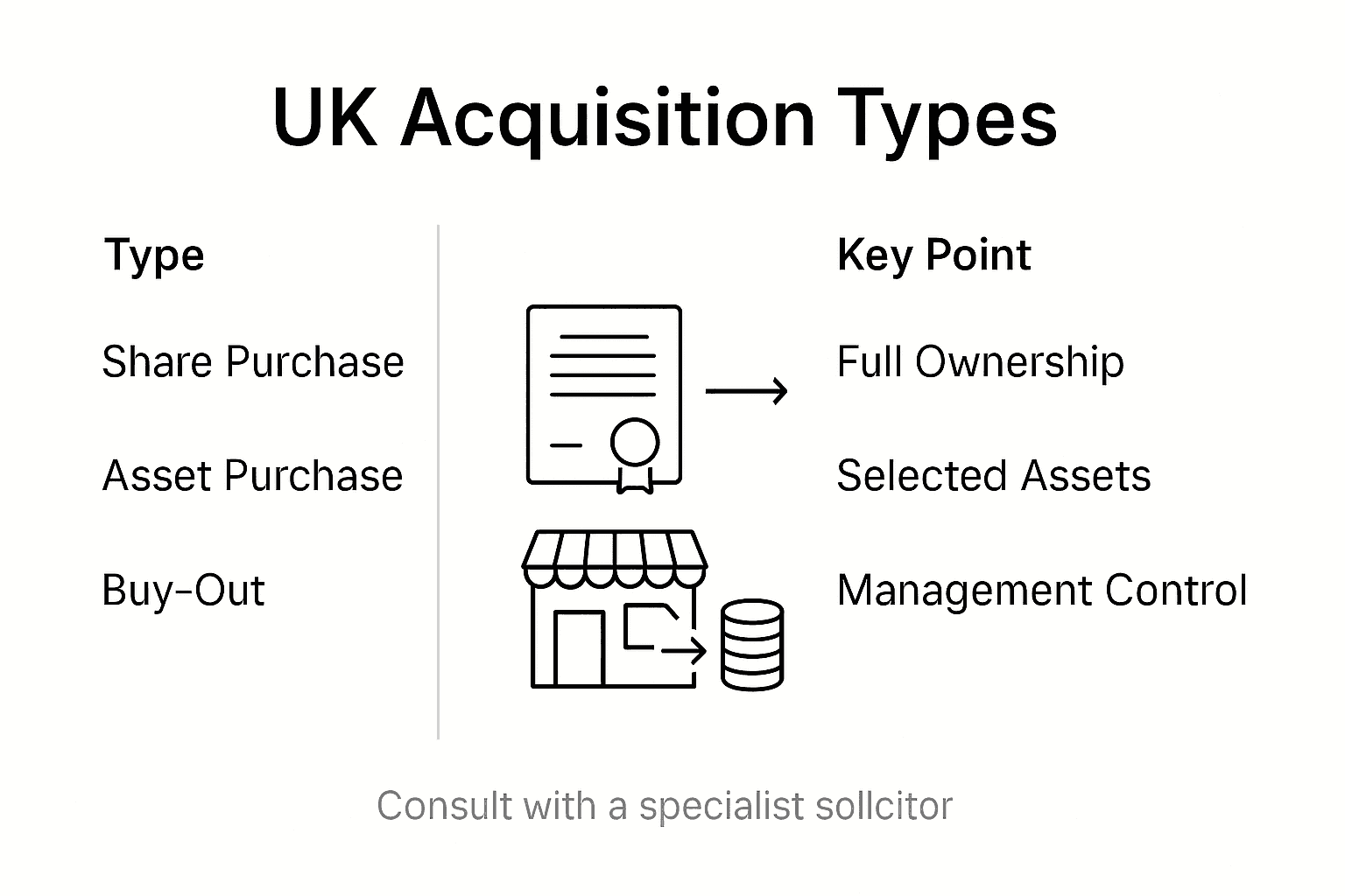 Infographic showing types of UK acquisitions and key points