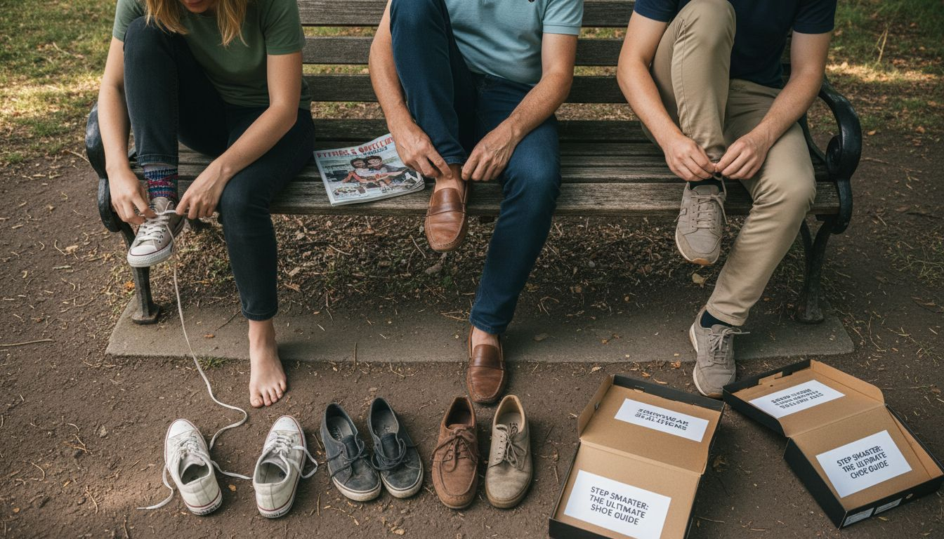 Three people comparing shoe fit outdoors