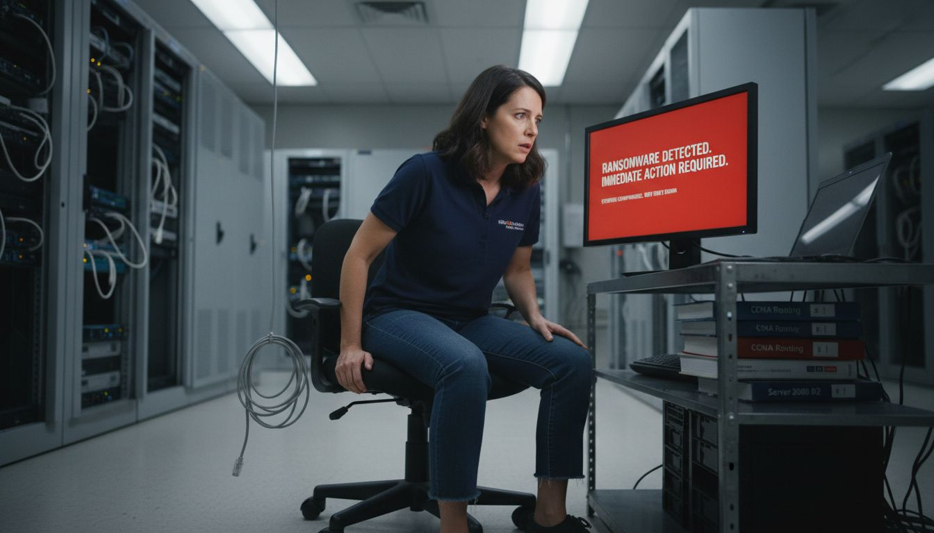 IT manager reacting to ransomware screen alert