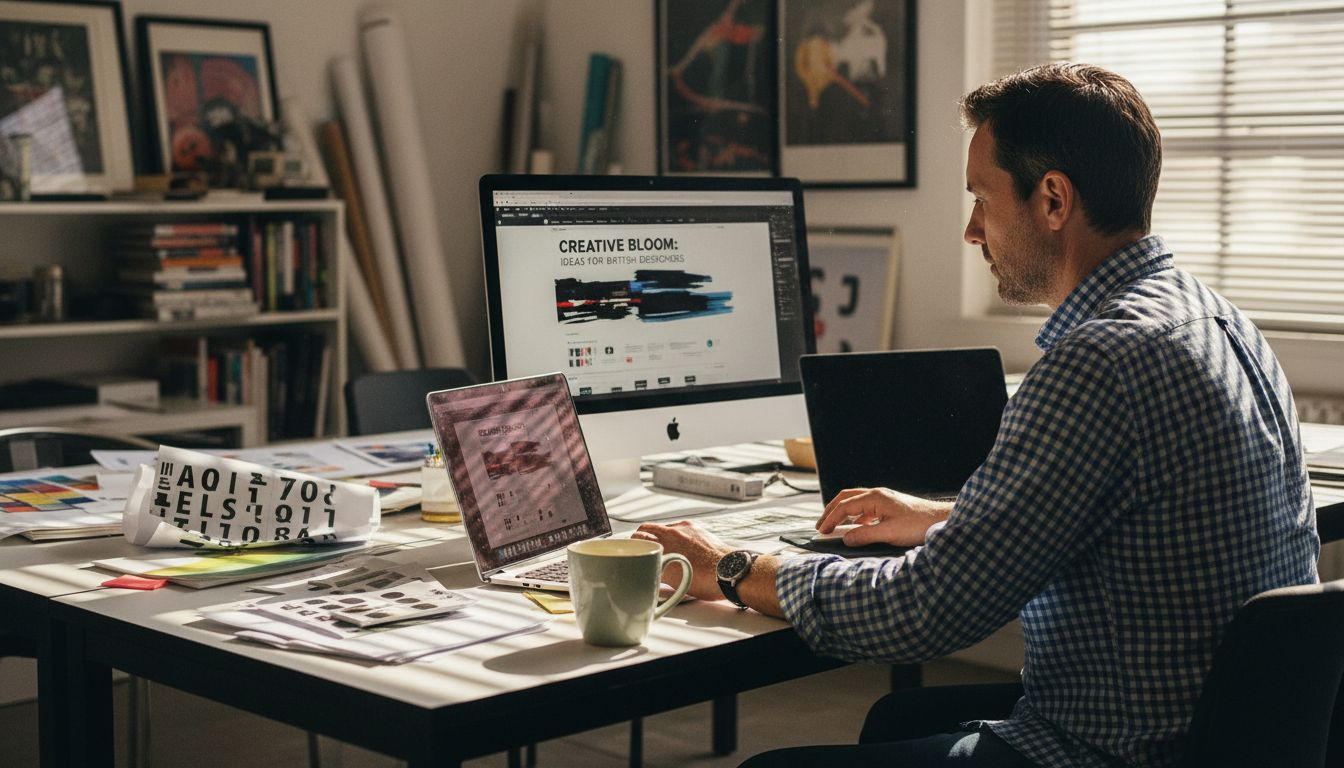 Designer creating blog branding at studio desk