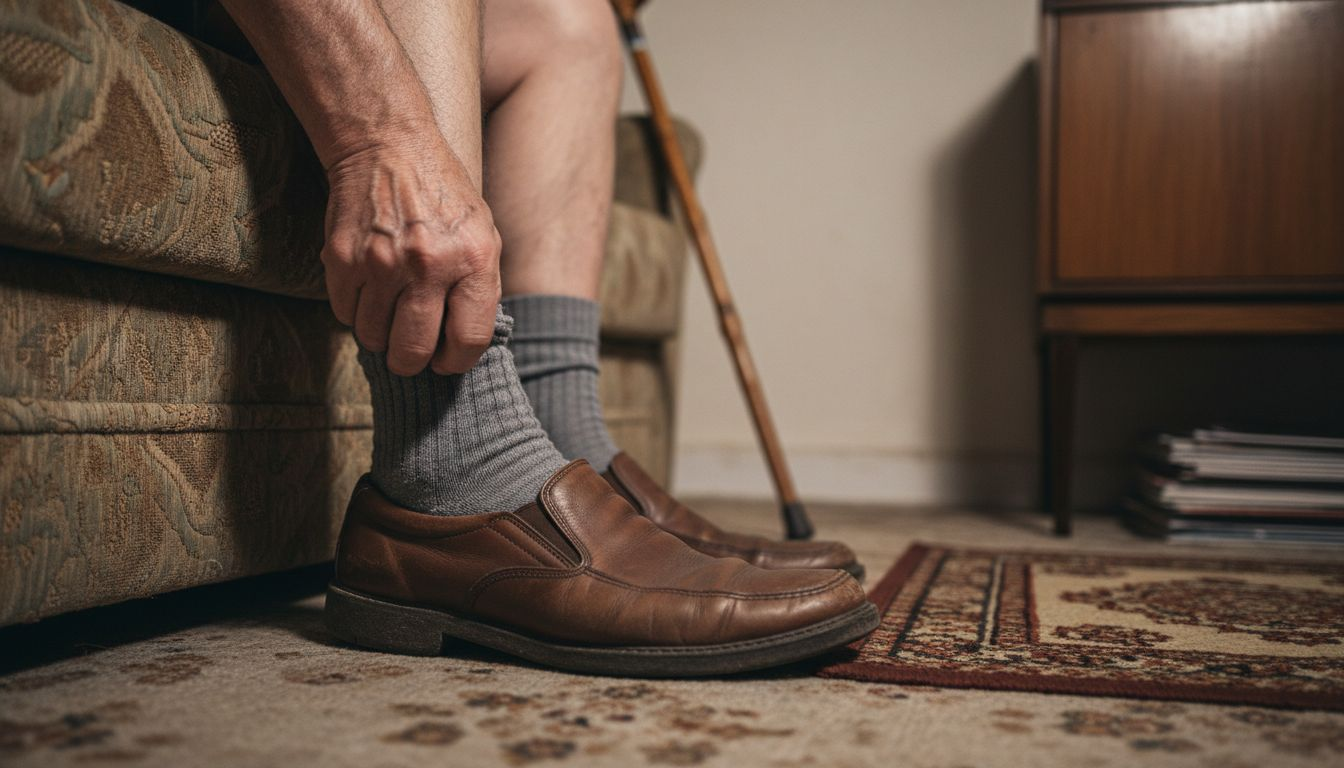 Close-up tight diabetic shoe squeezing foot