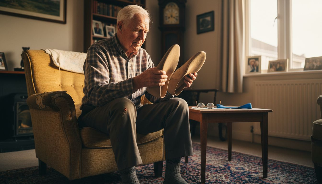 Man inspecting orthopedic shoes at home