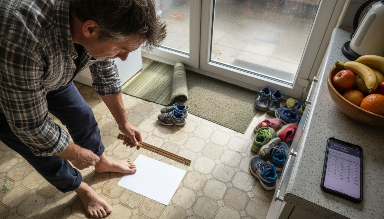 Man measuring foot length on kitchen floor