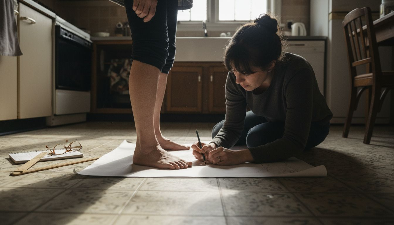 Mother and daughter measuring feet for shoes