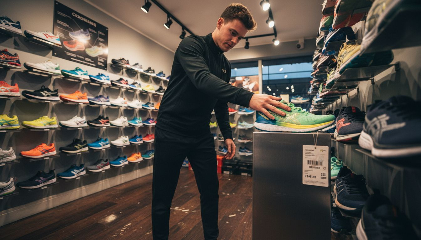 Testing sneaker cushioning in a shoe shop