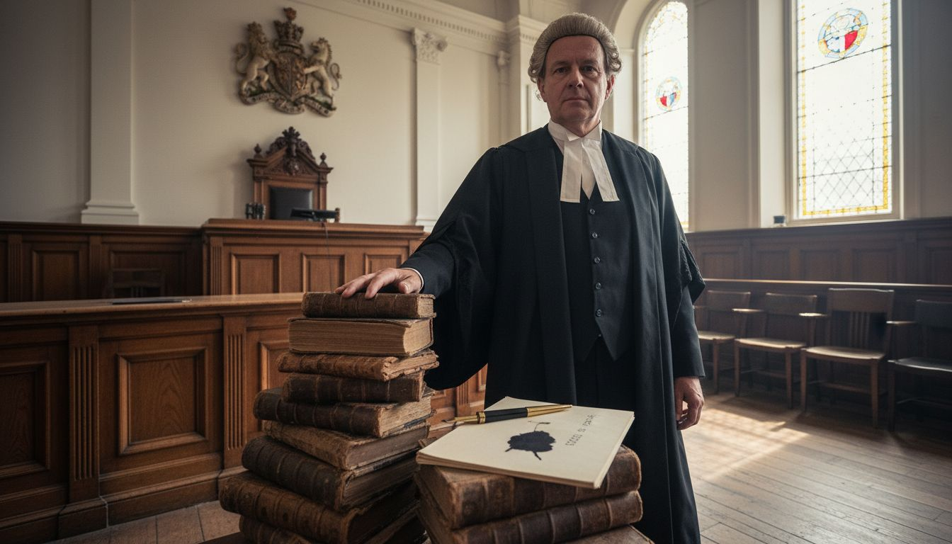 Barrister advocating in traditional UK courtroom