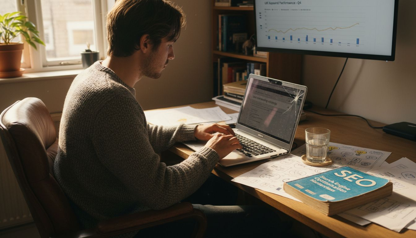 Professional researching website keywords at desk