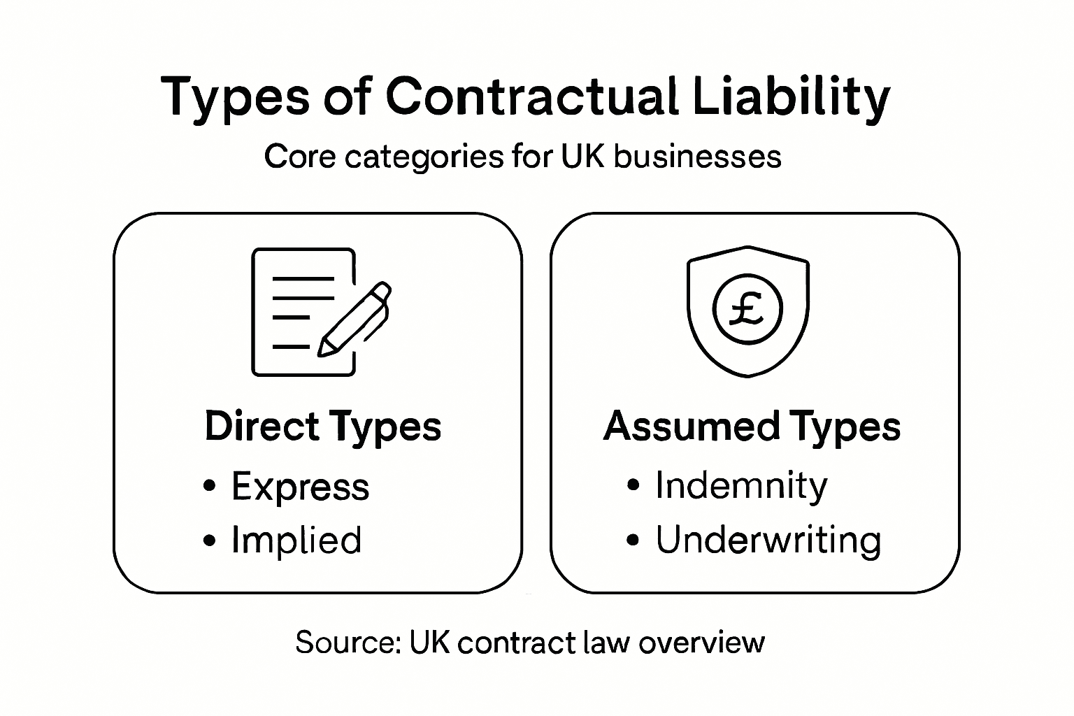 Infographic showing main types of contractual liability UK