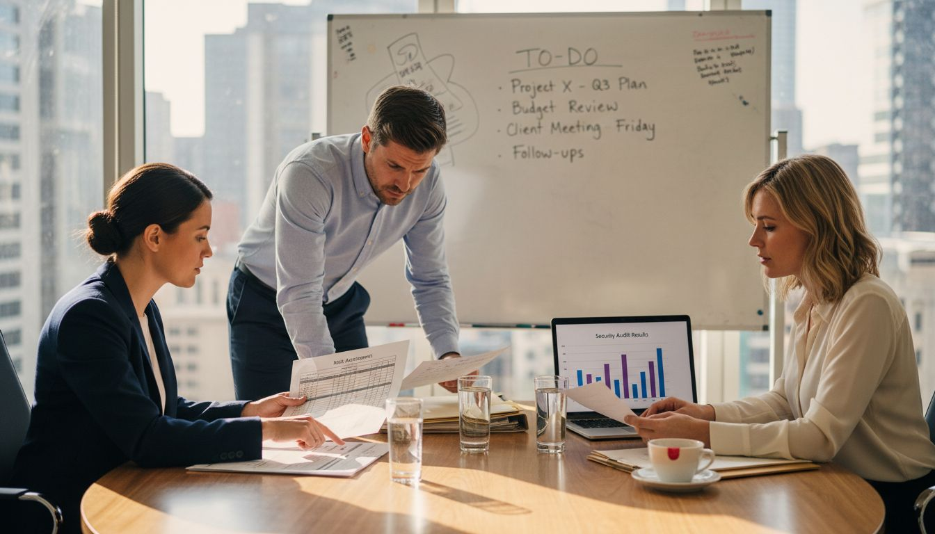 Team reviewing printed risk management documents