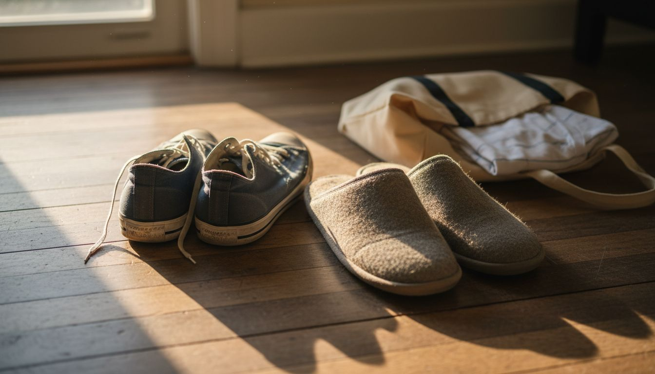 Cotton sneakers and wool slippers close-up