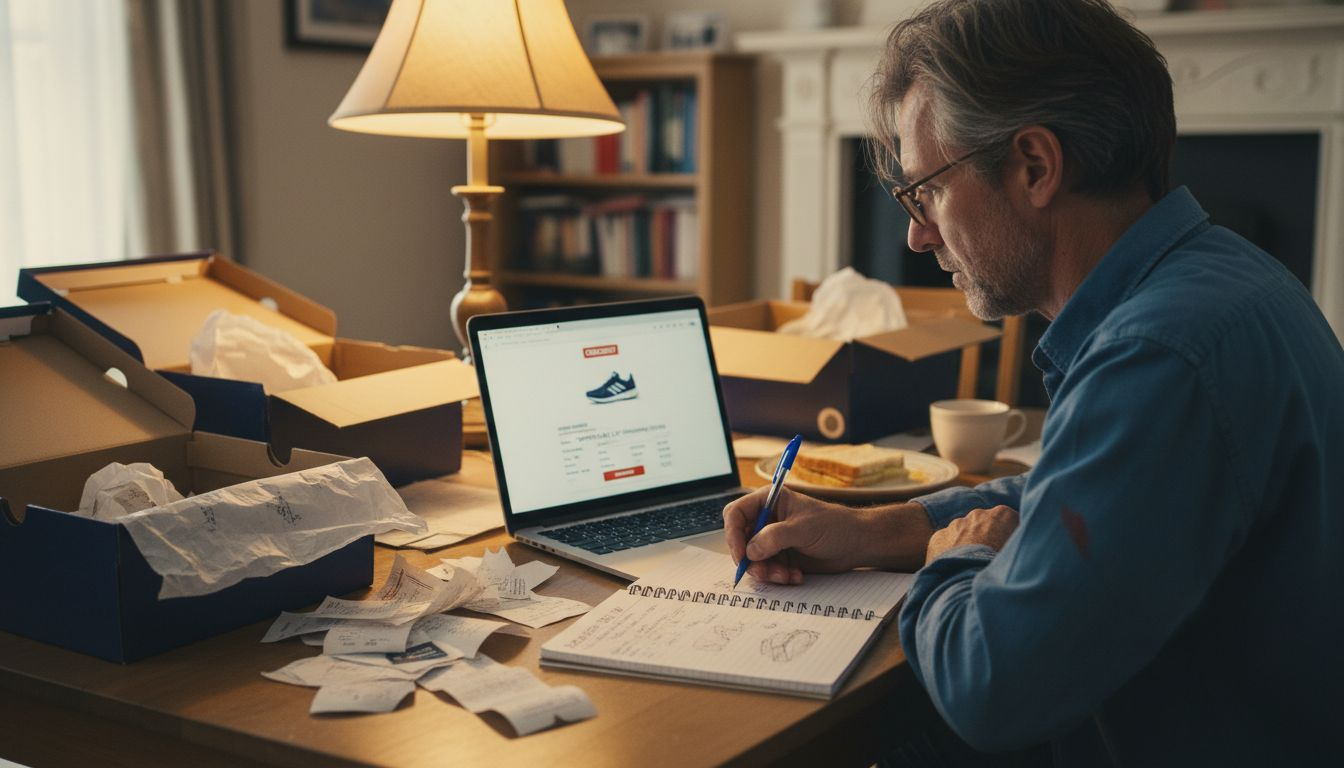 Man reviewing online shoe order at table