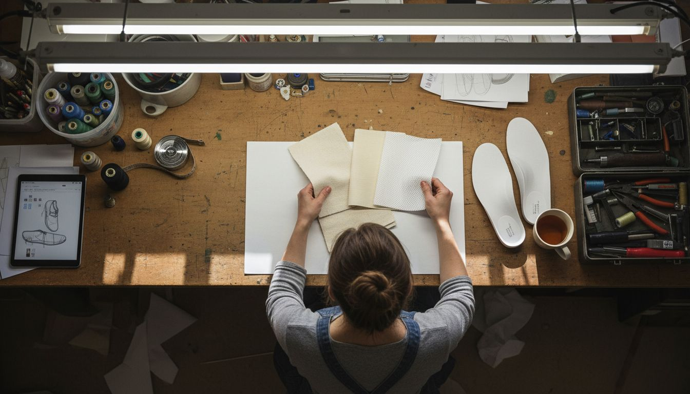 Designer comparing shoe material samples