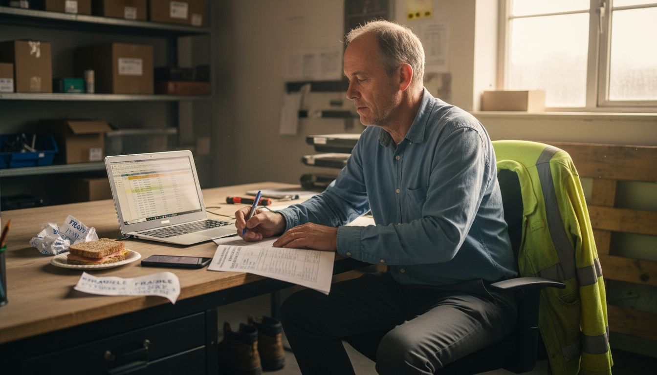 Manager comparing compliance checklist at desk