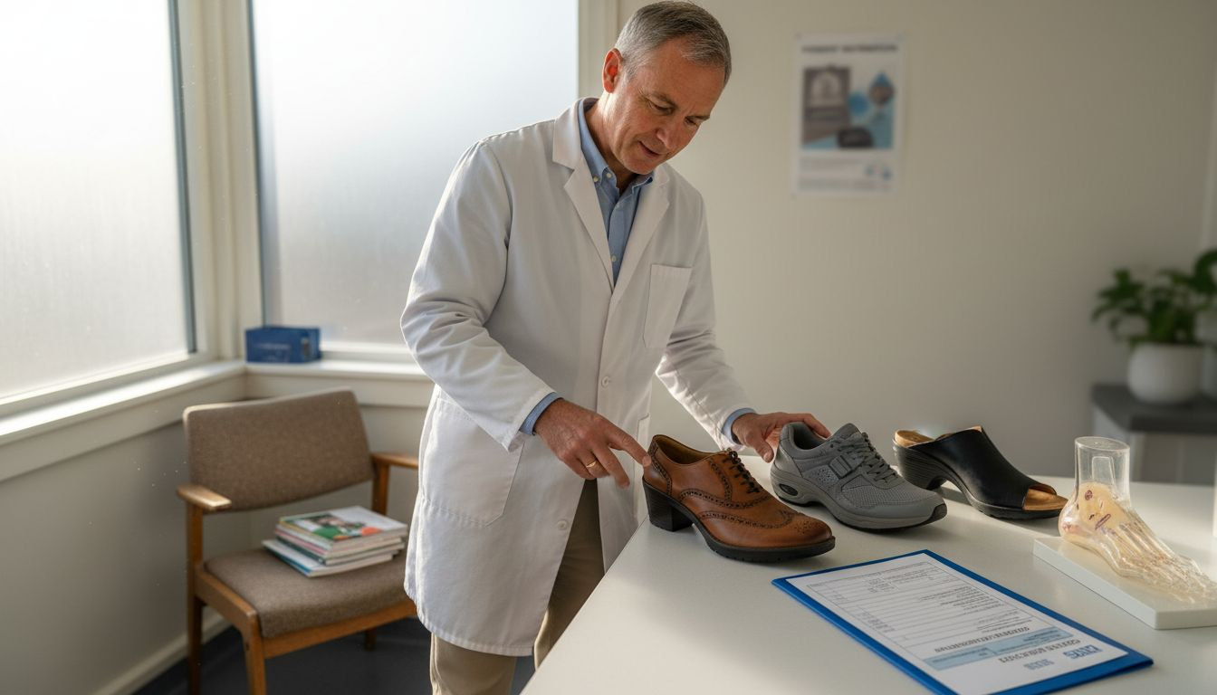 Podiatrist showing three orthotic shoe types