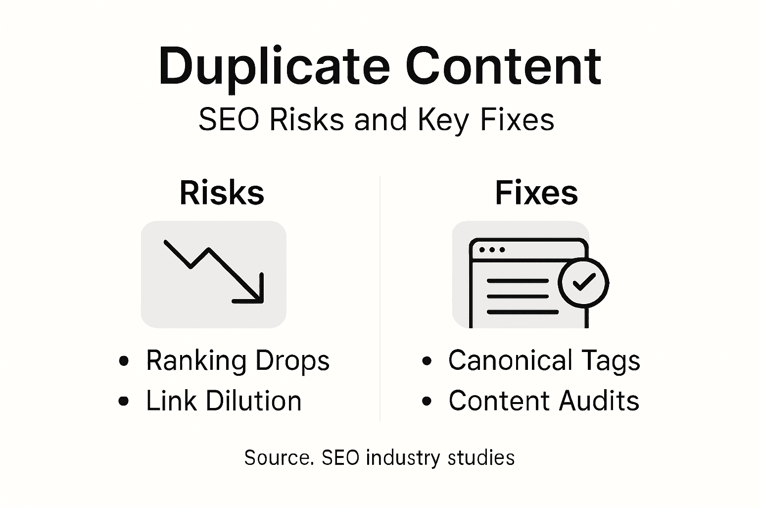 Infographic showing risks and fixes for duplicate content