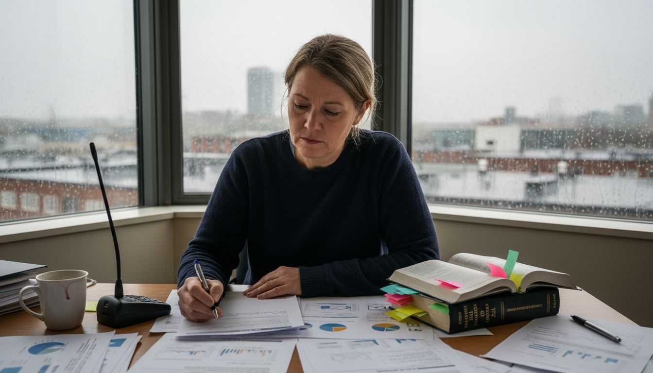 Forensic expert reviewing report in office