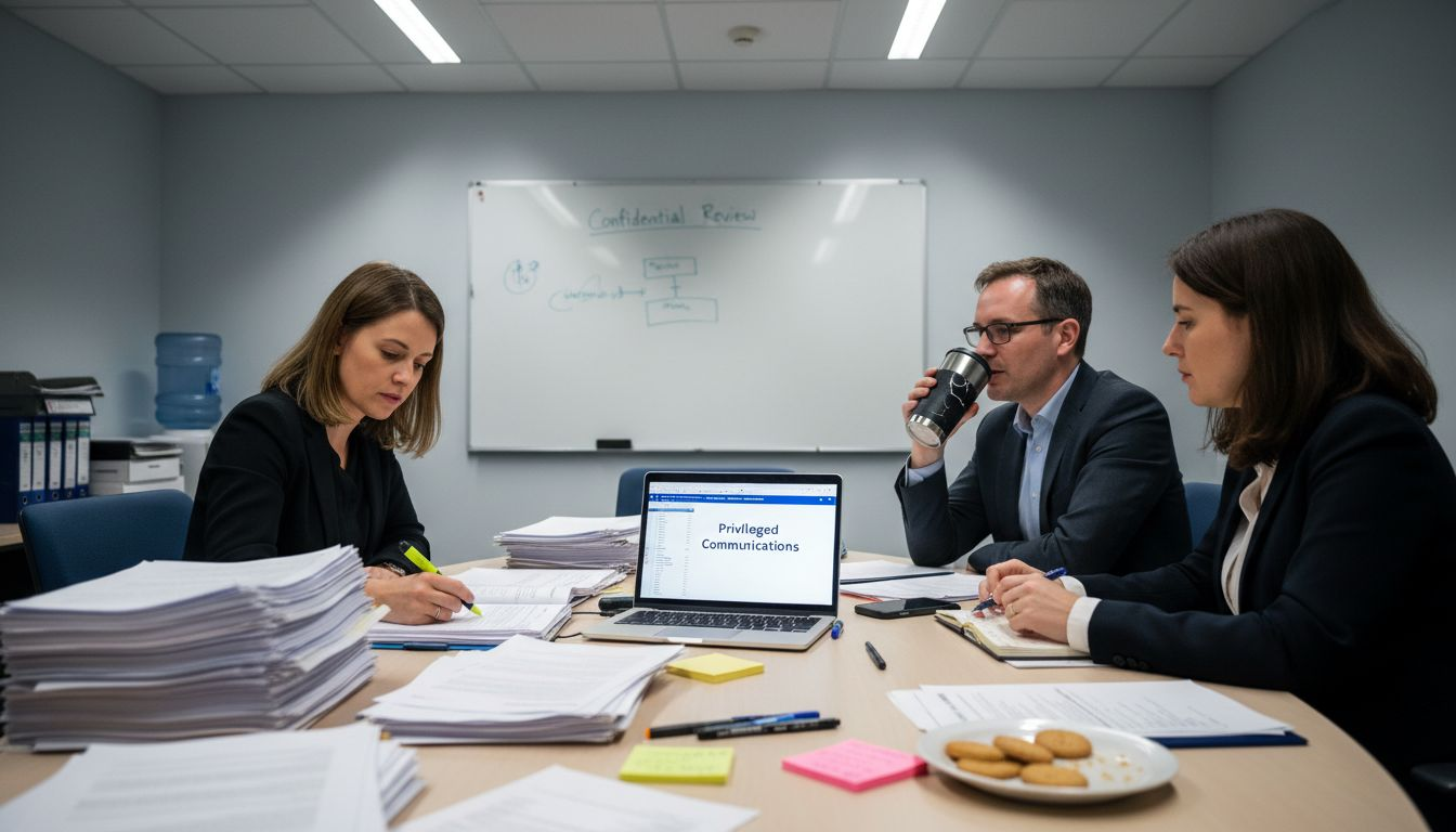 Legal team reviewing confidential documents