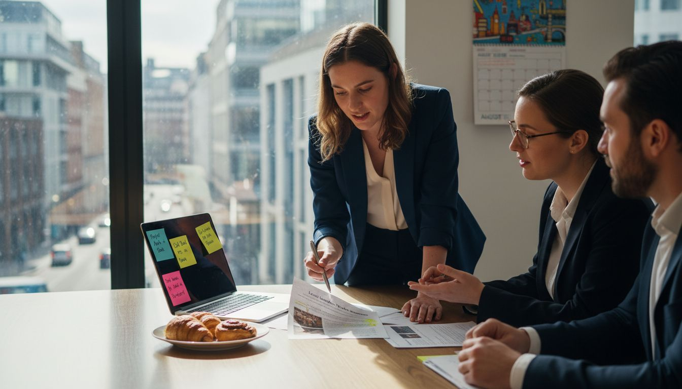 Team discussing editorial backlinks in meeting room
