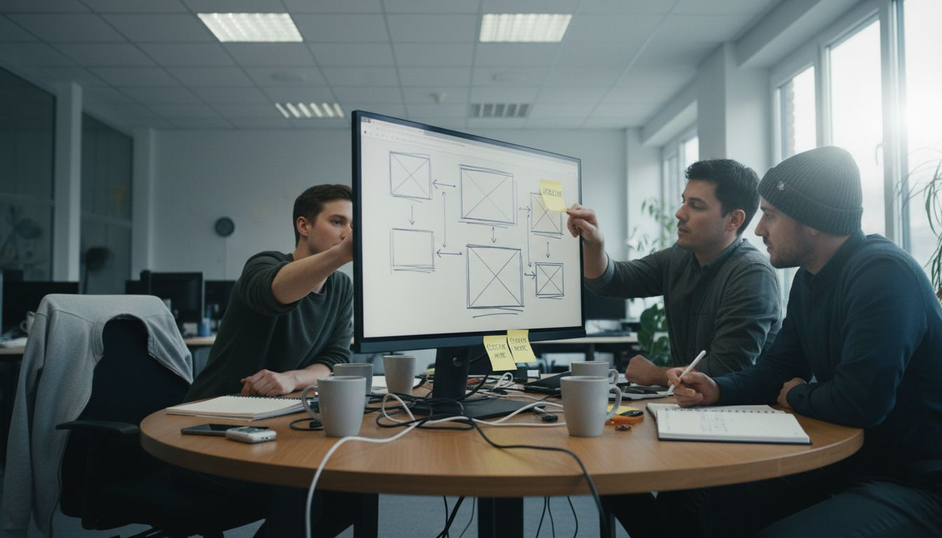 Web design team creating landing page wireframe