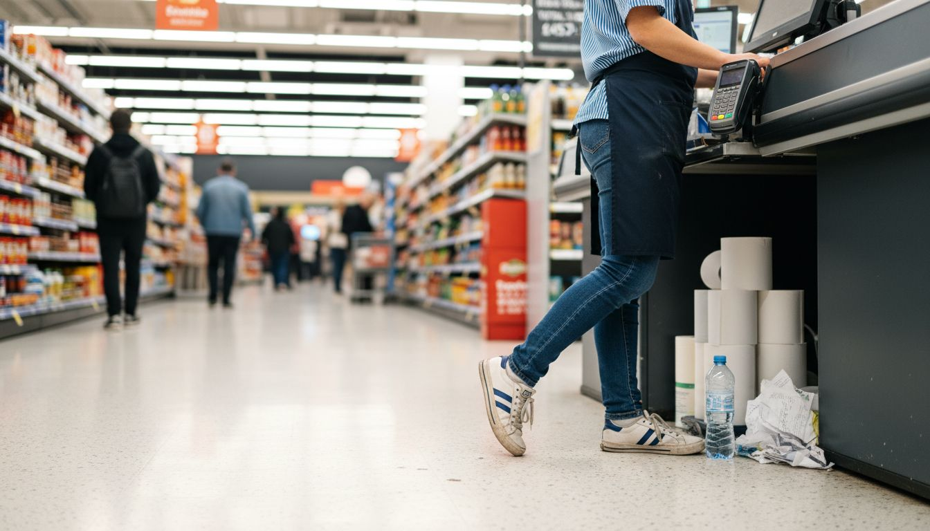 Cashier shifting weight due to sore feet