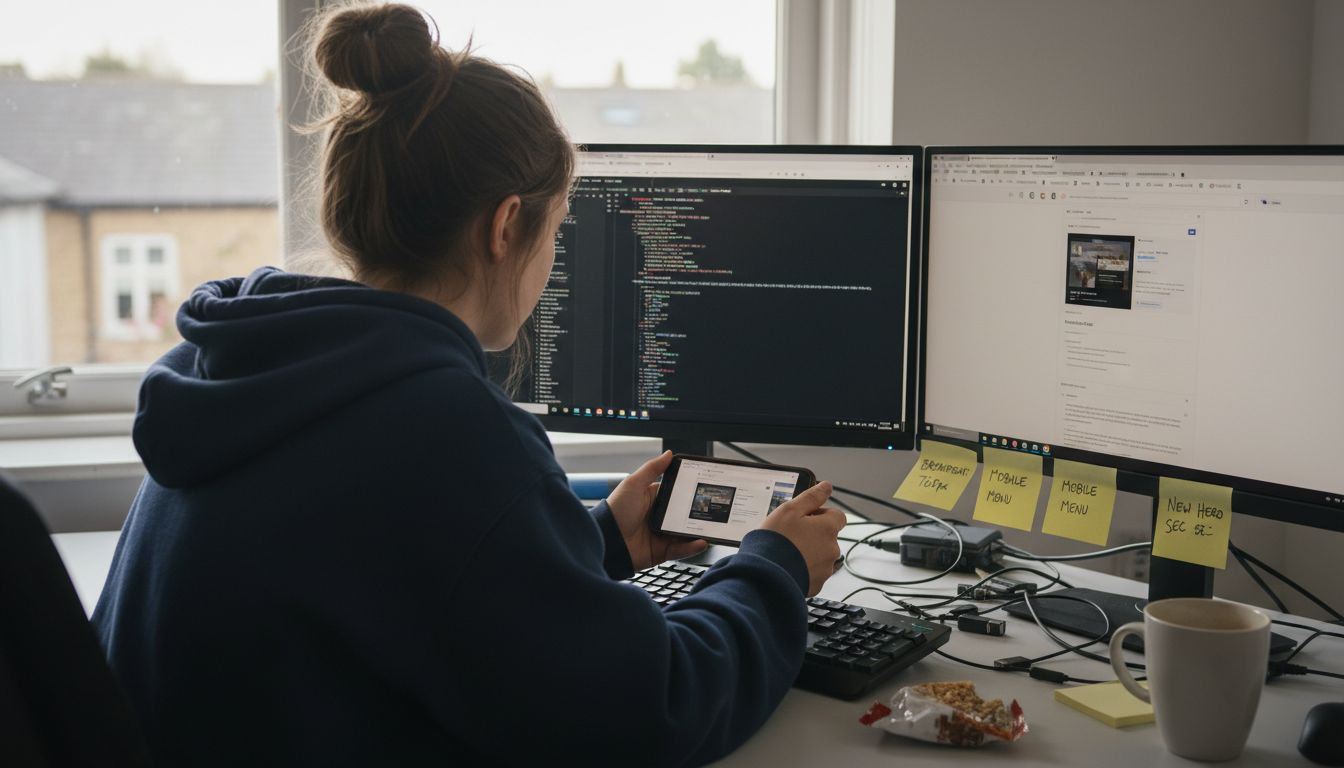 Developer checking responsive design on phone