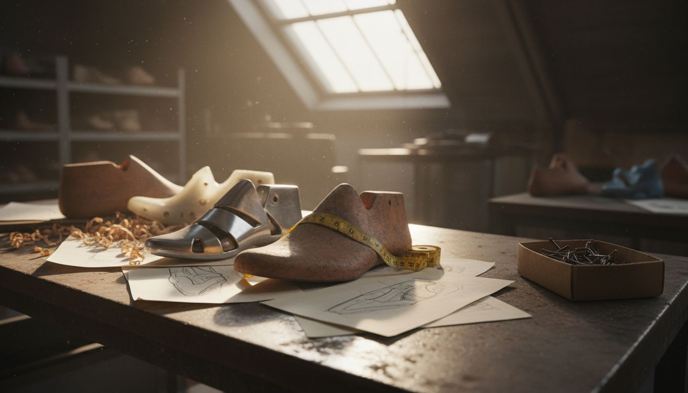 Various shoe last types on metal table