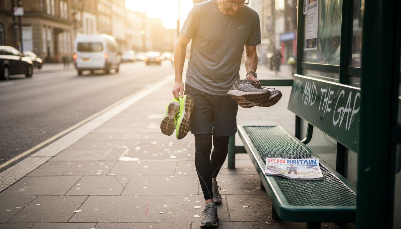 Runner compares shoe weights on city street