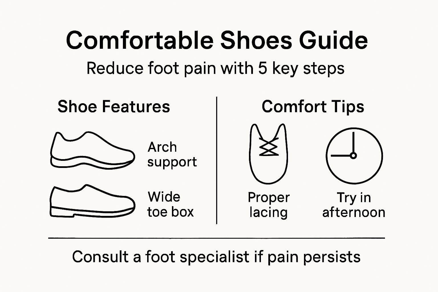 Infographic on steps to reduce foot pain with shoes