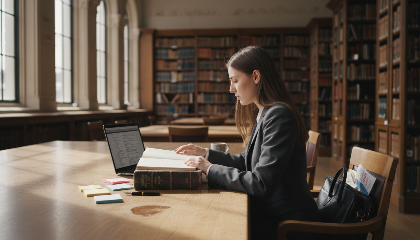 Barrister studying case law in legal library