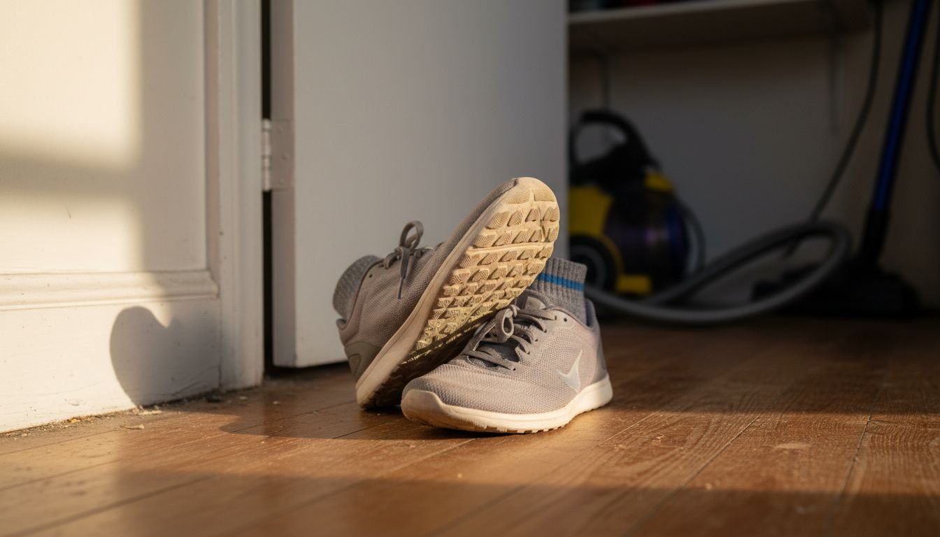 Close-up of minimalist shoes flexed on wood floor