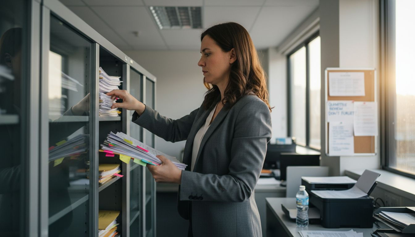 Manager organizing contract files in office