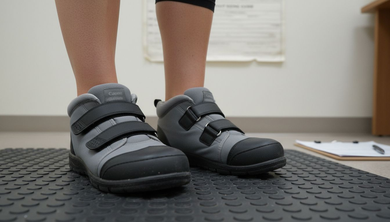 Close-up of adaptive shoes in clinic
