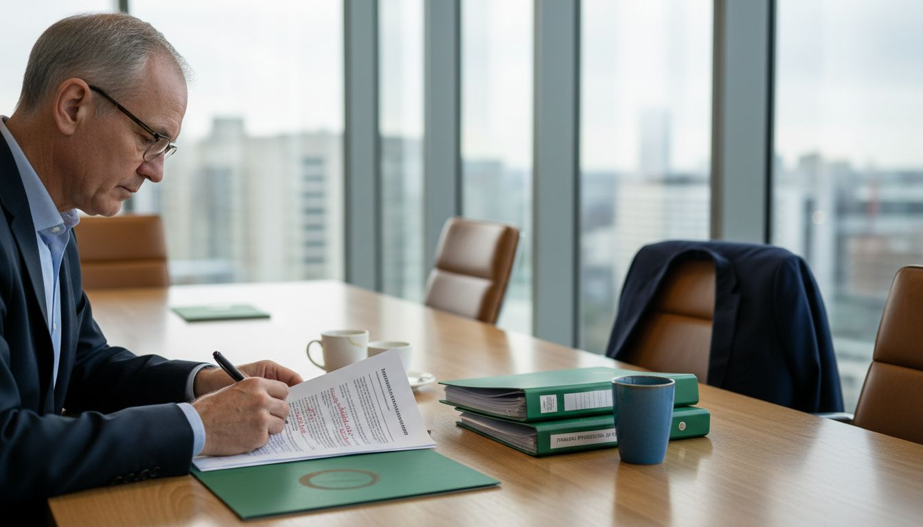 Executive reading merger proposal at table