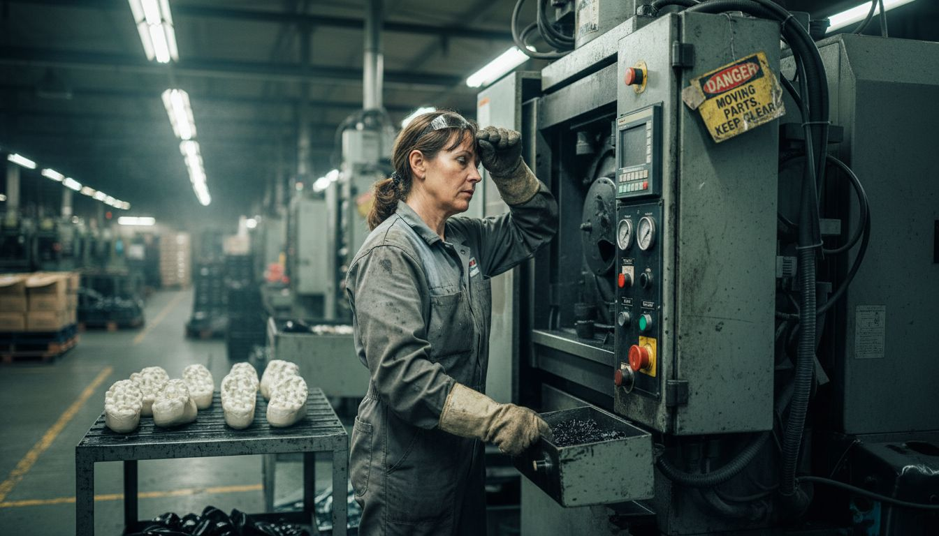 Shoe sole manufacturing technician at molding machine