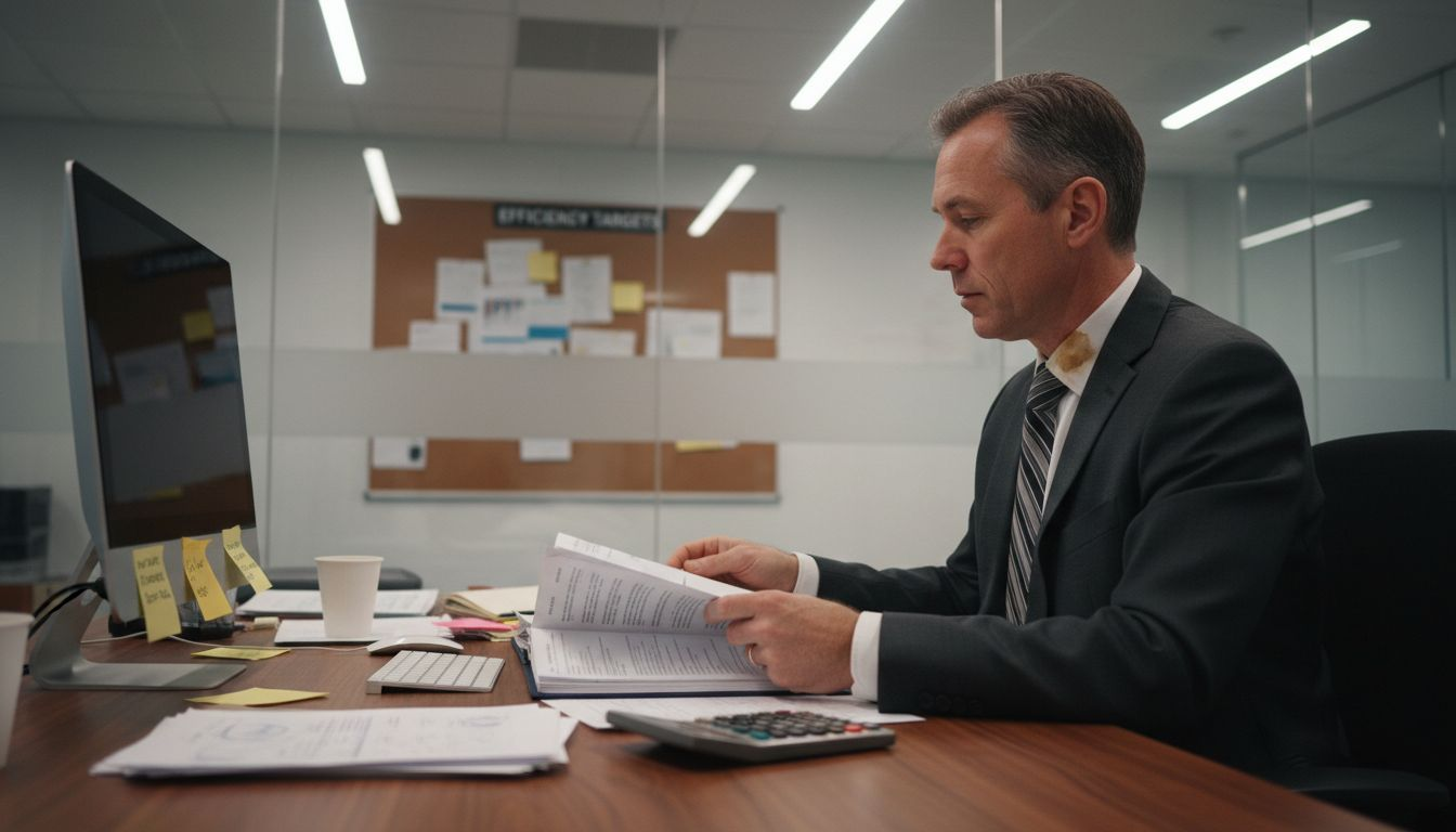 Manager reviews restructuring audit paperwork in office