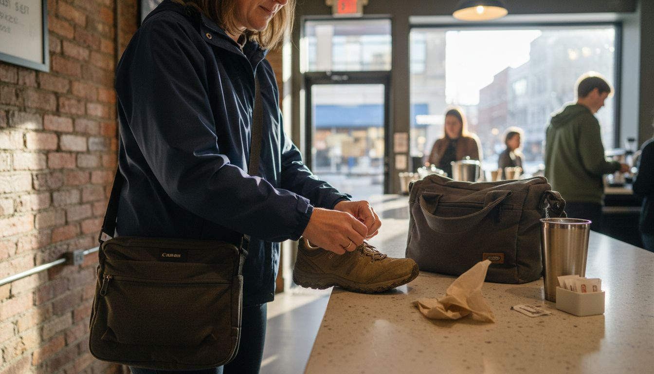 Woman tying walking shoes at café counter