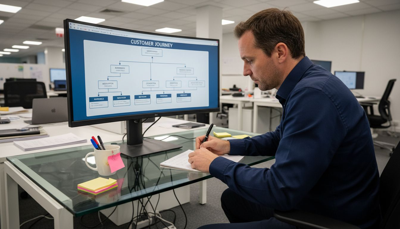 Strategist writing notes at glass desk