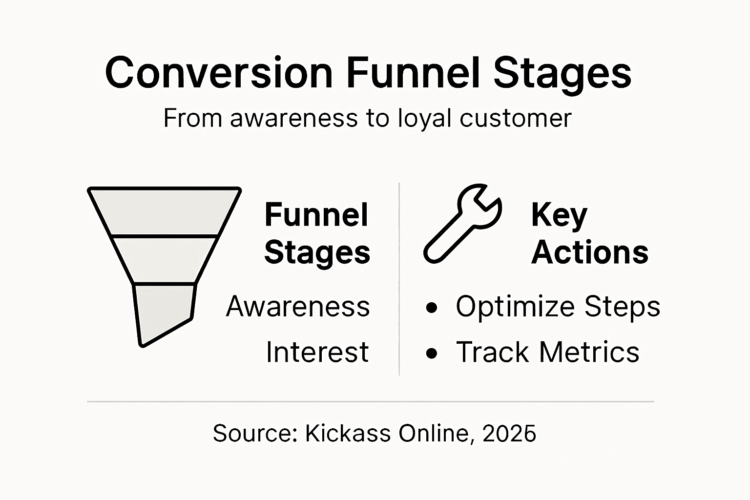 Infographic on conversion funnel stages and actions